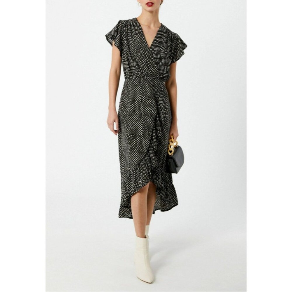 AX Armani Exchange Dress 4 Small Black White Ruffle Hi Low Midi NWT Washable NEW